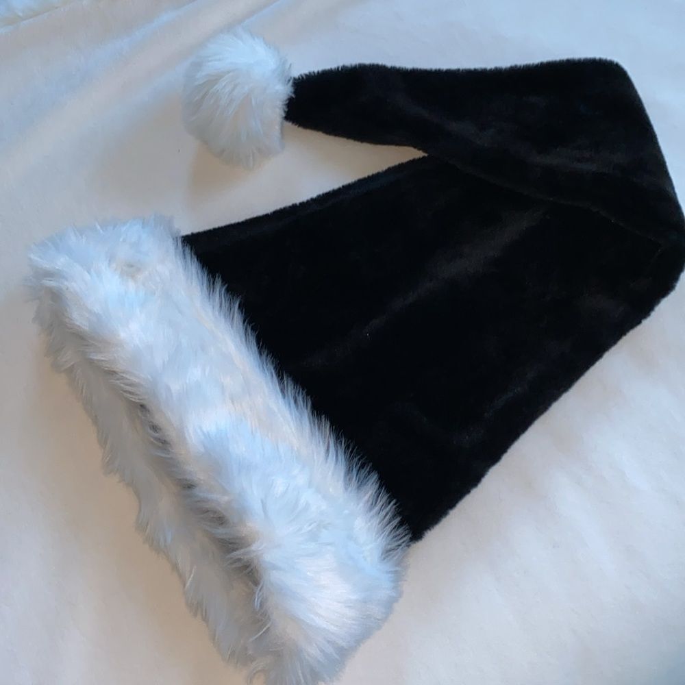 Black Plush Santa Hat with White Faux Fur Trim and Pom Pom Holiday Accessory